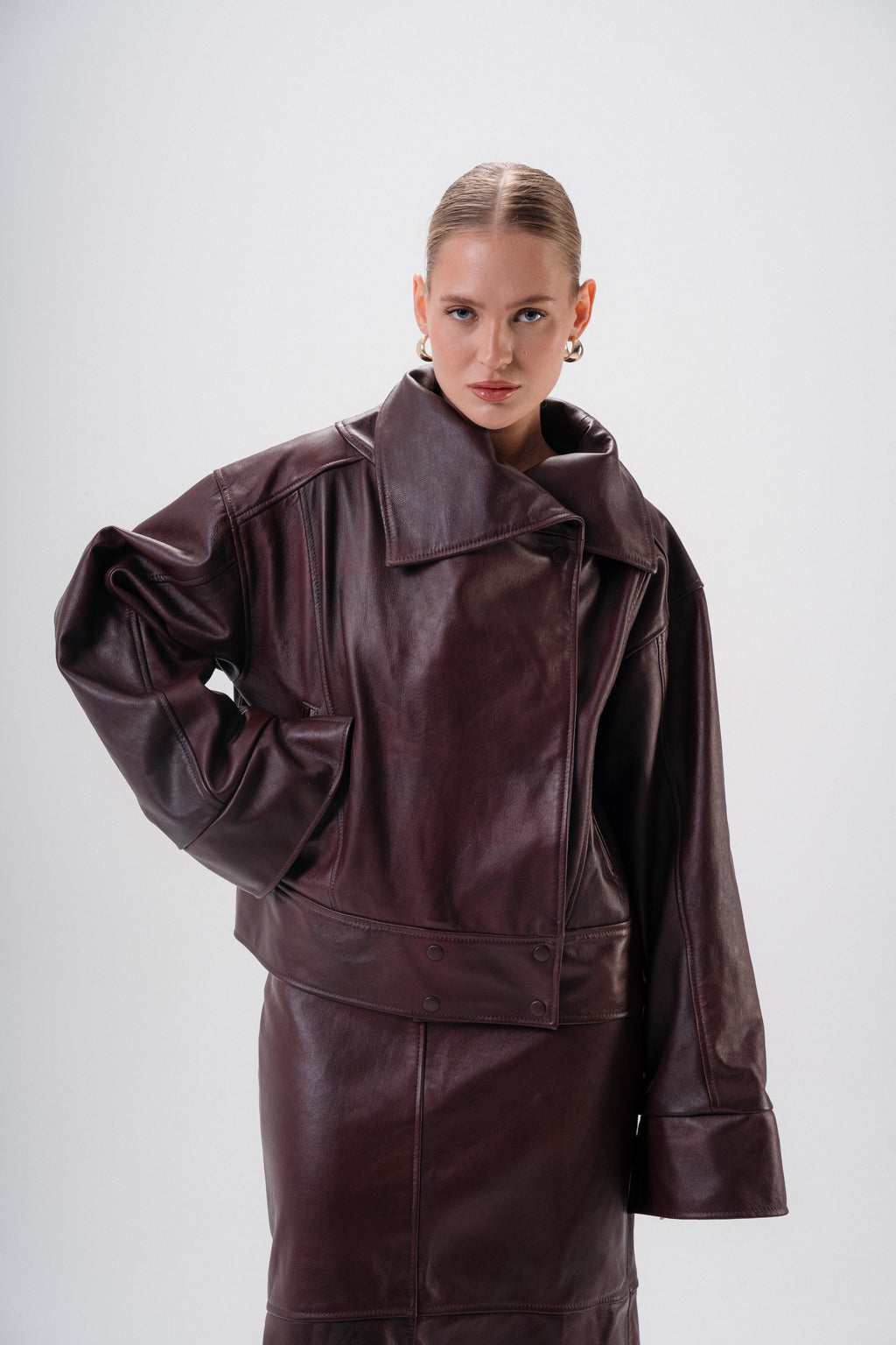 Her origin genuine Burgundy leather structured jacket-W26