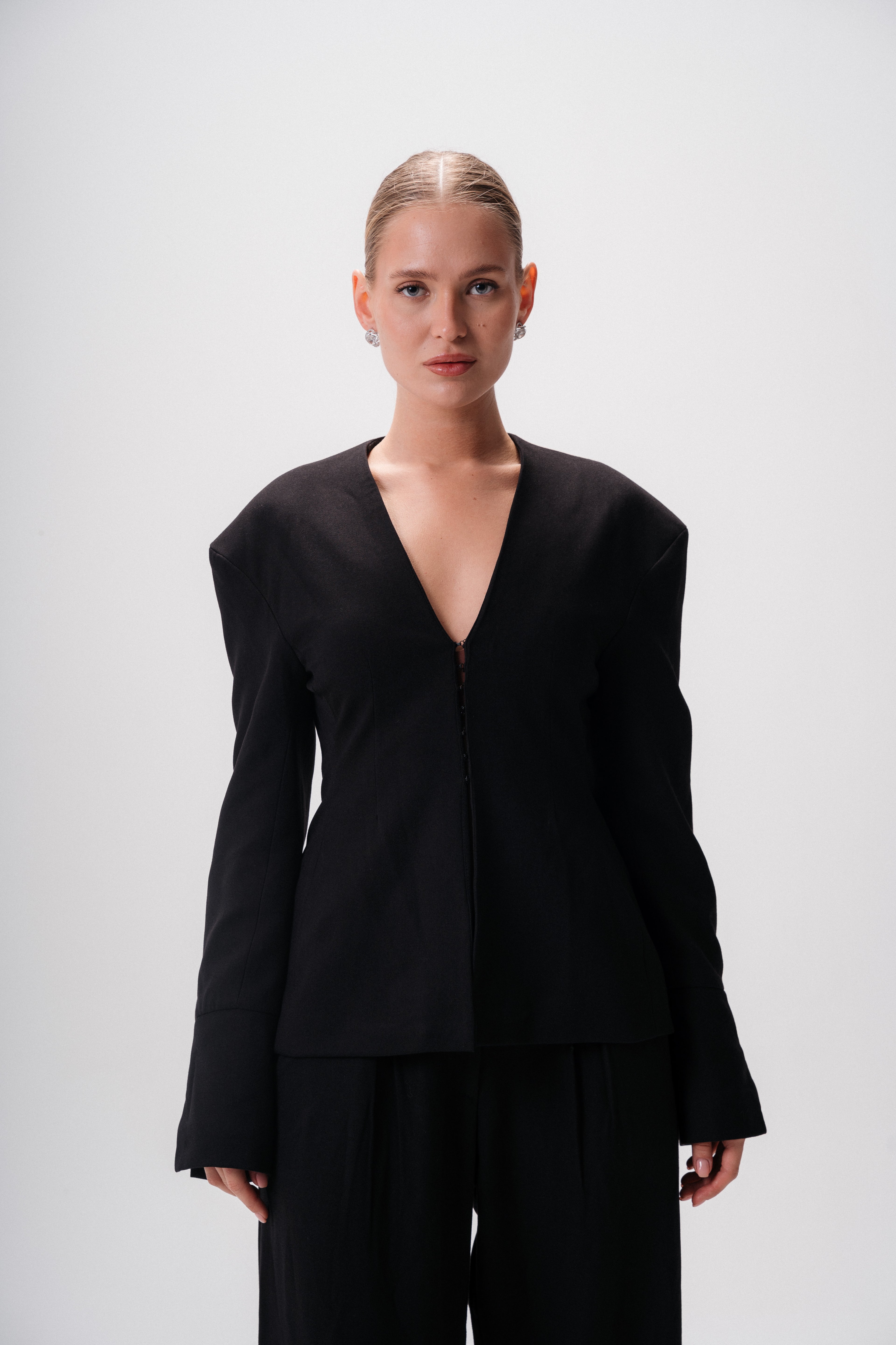 Structured Wide-Shoulder Wool Blazer