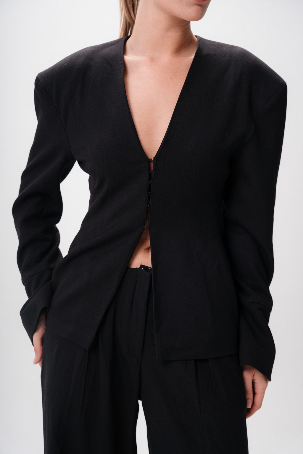 Structured Wide-Shoulder Wool Blazer