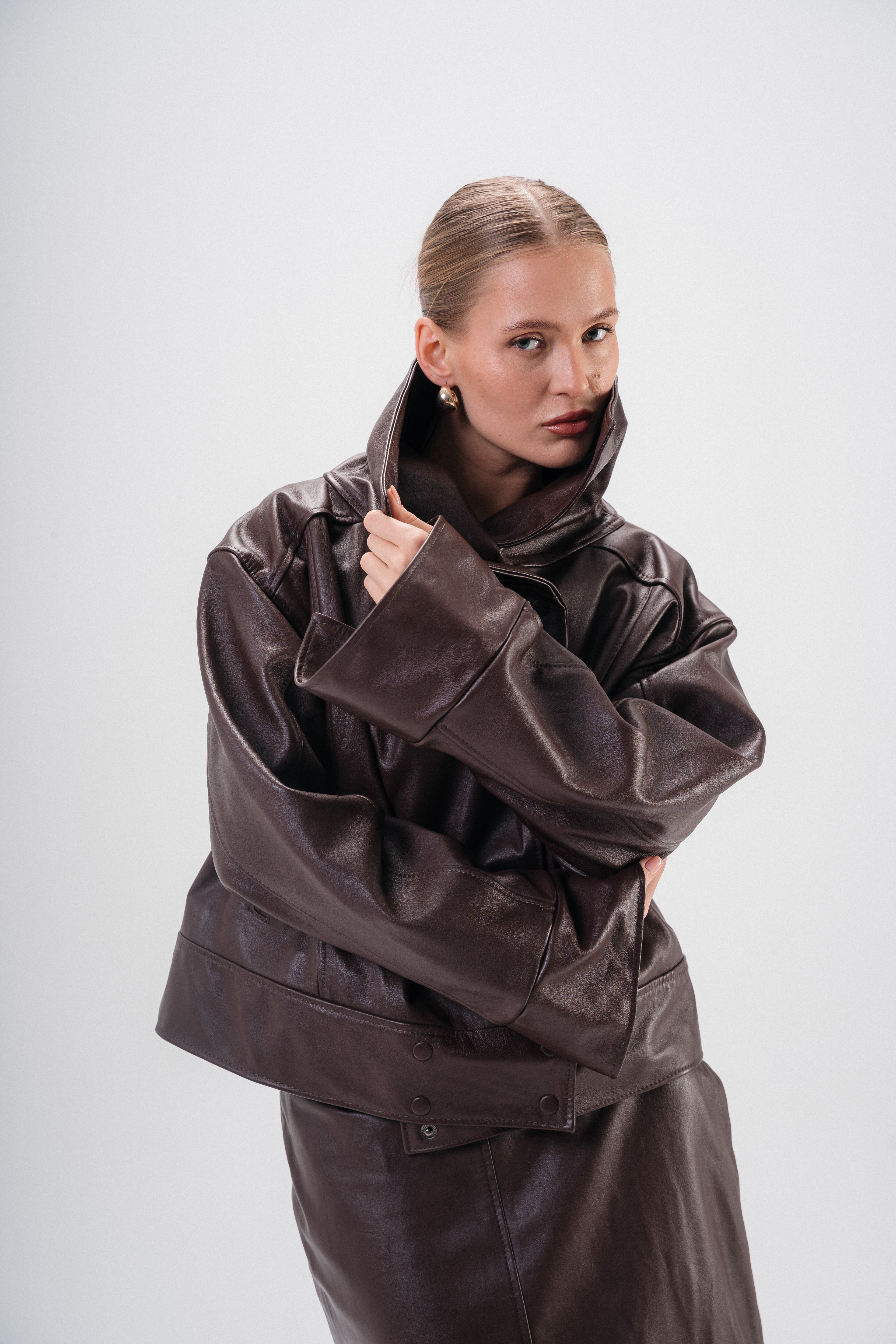 Her origin genuine brown leather structured jacket-W26