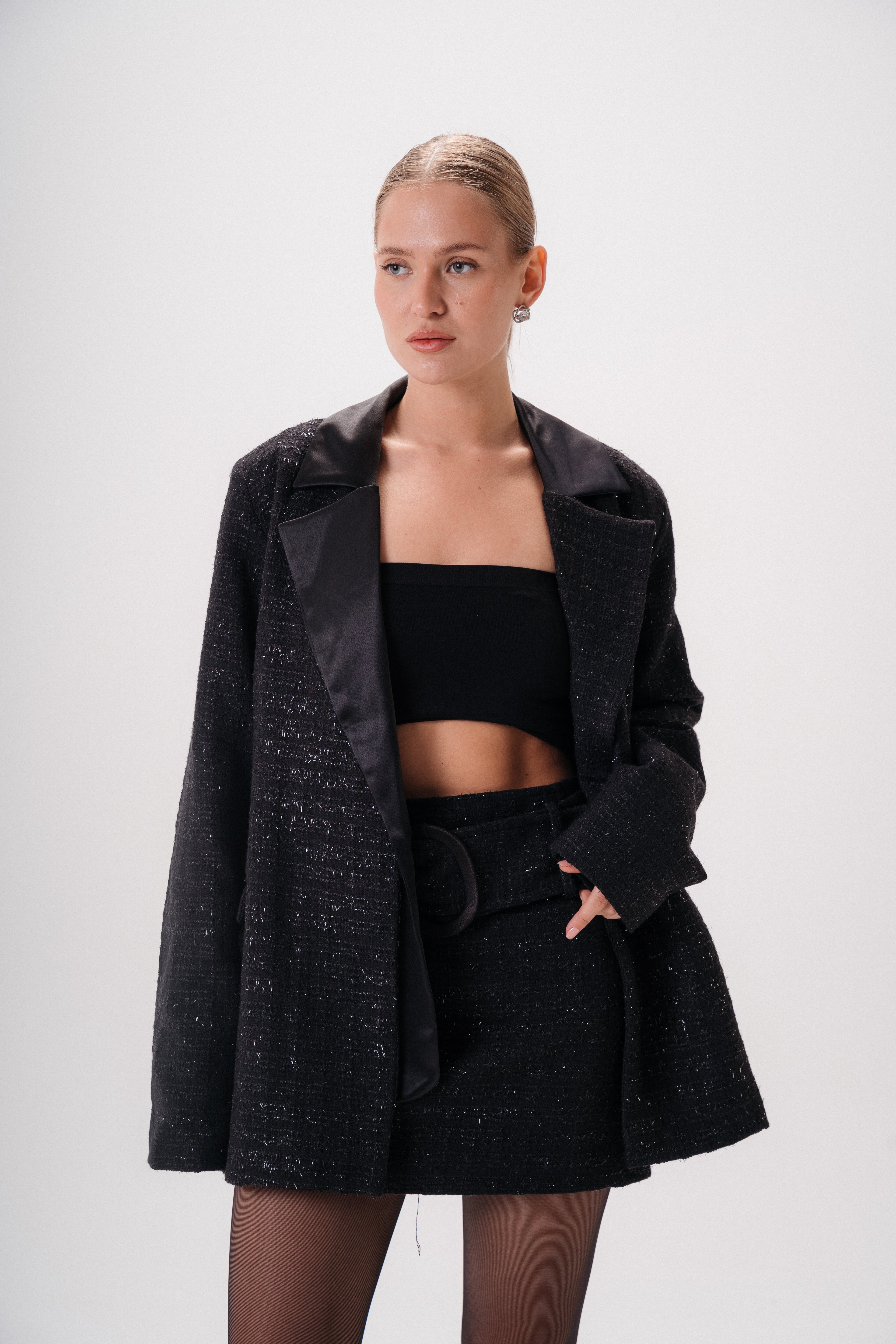 Oversized Tweed Blazer with Satin Collar