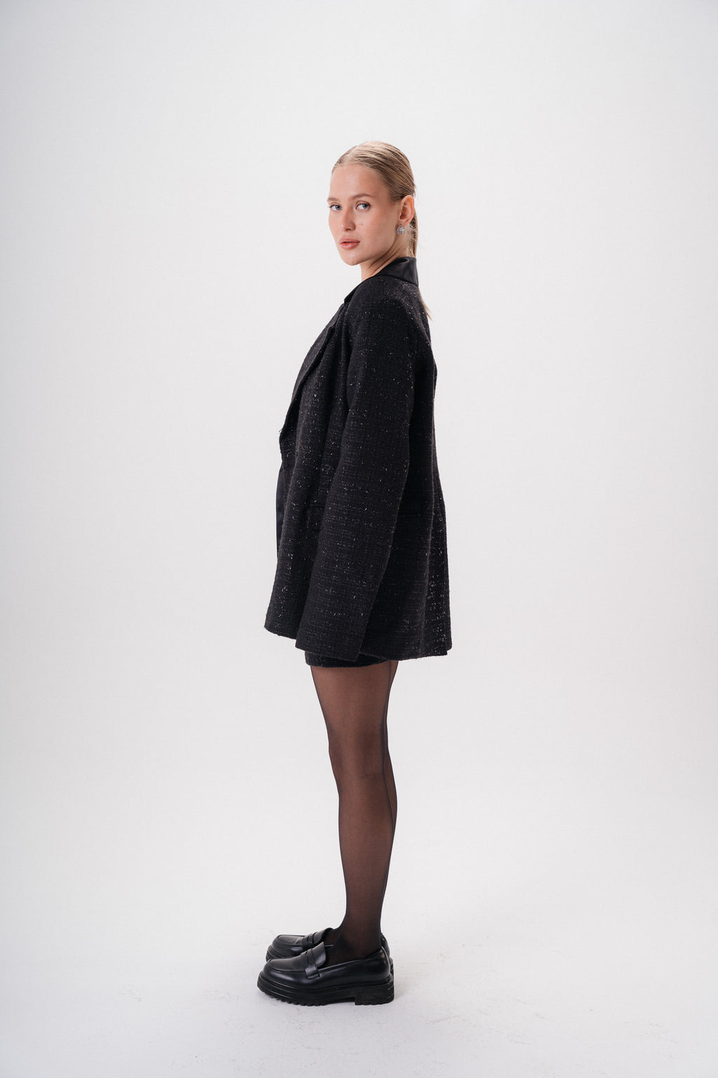 Oversized Tweed Blazer with Satin Collar