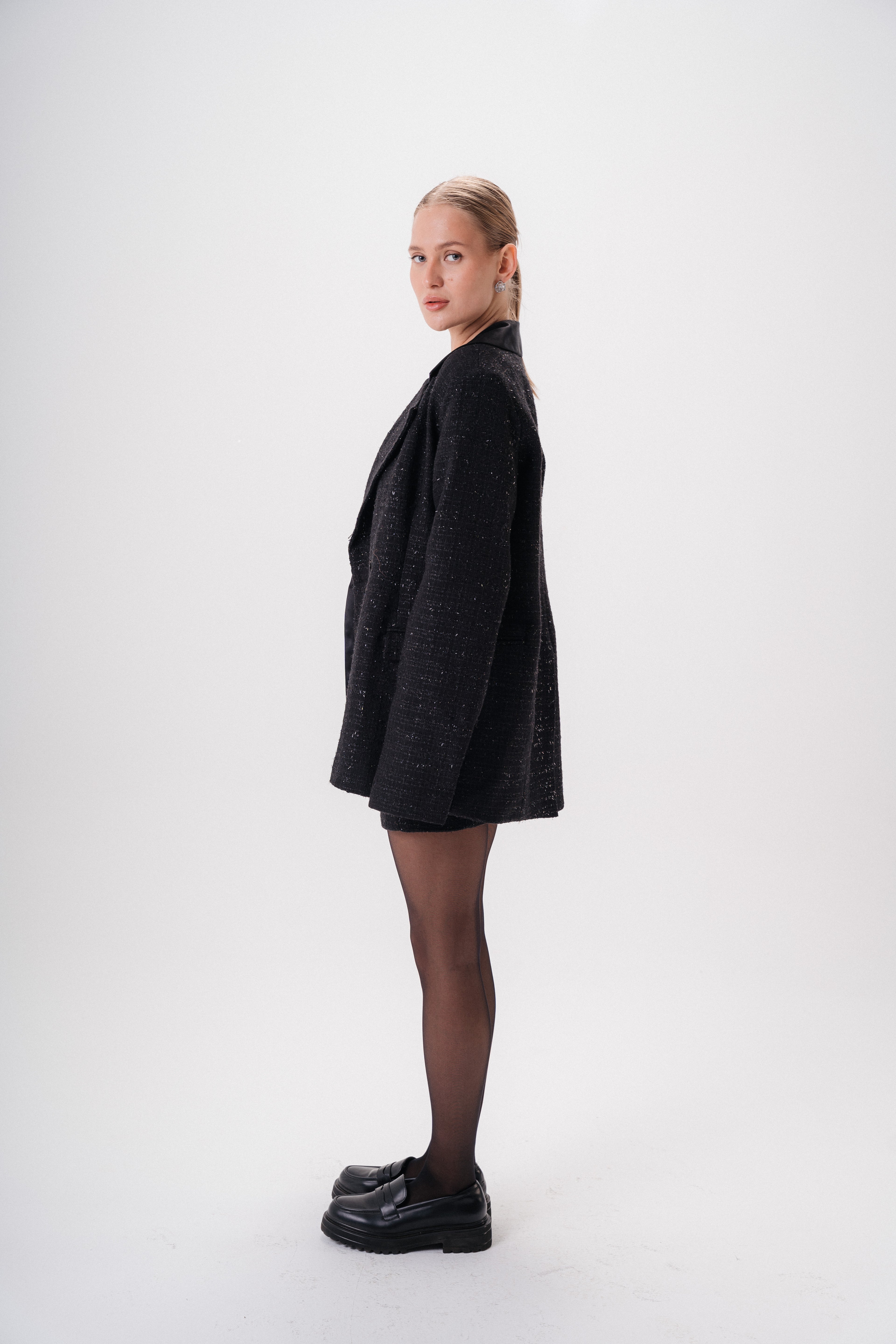 Oversized Tweed Blazer with Satin Collar