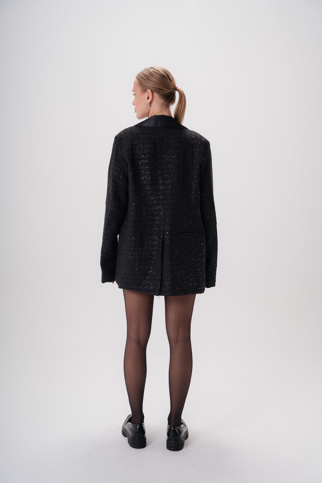 Oversized Tweed Blazer with Satin Collar