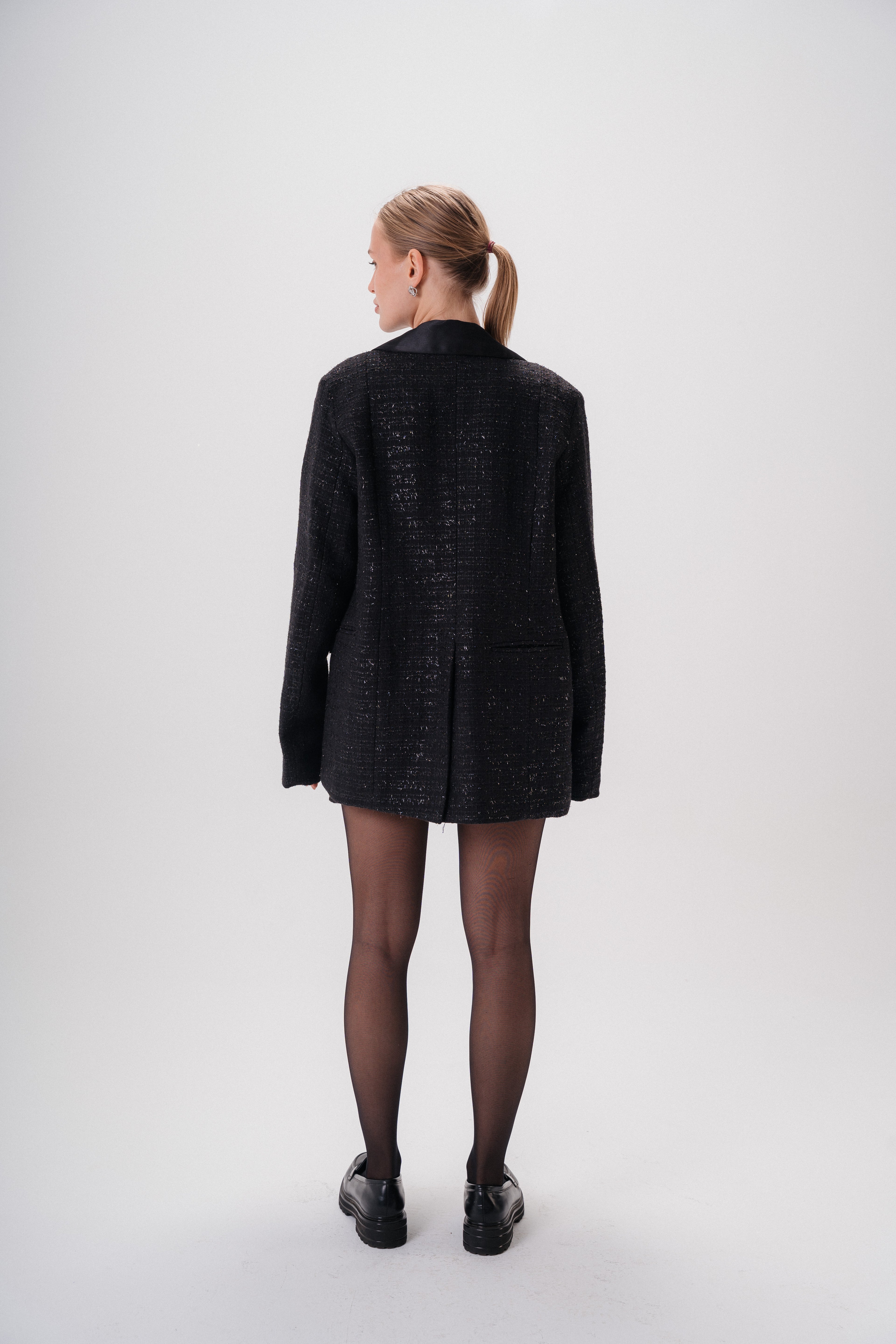 Oversized Tweed Blazer with Satin Collar