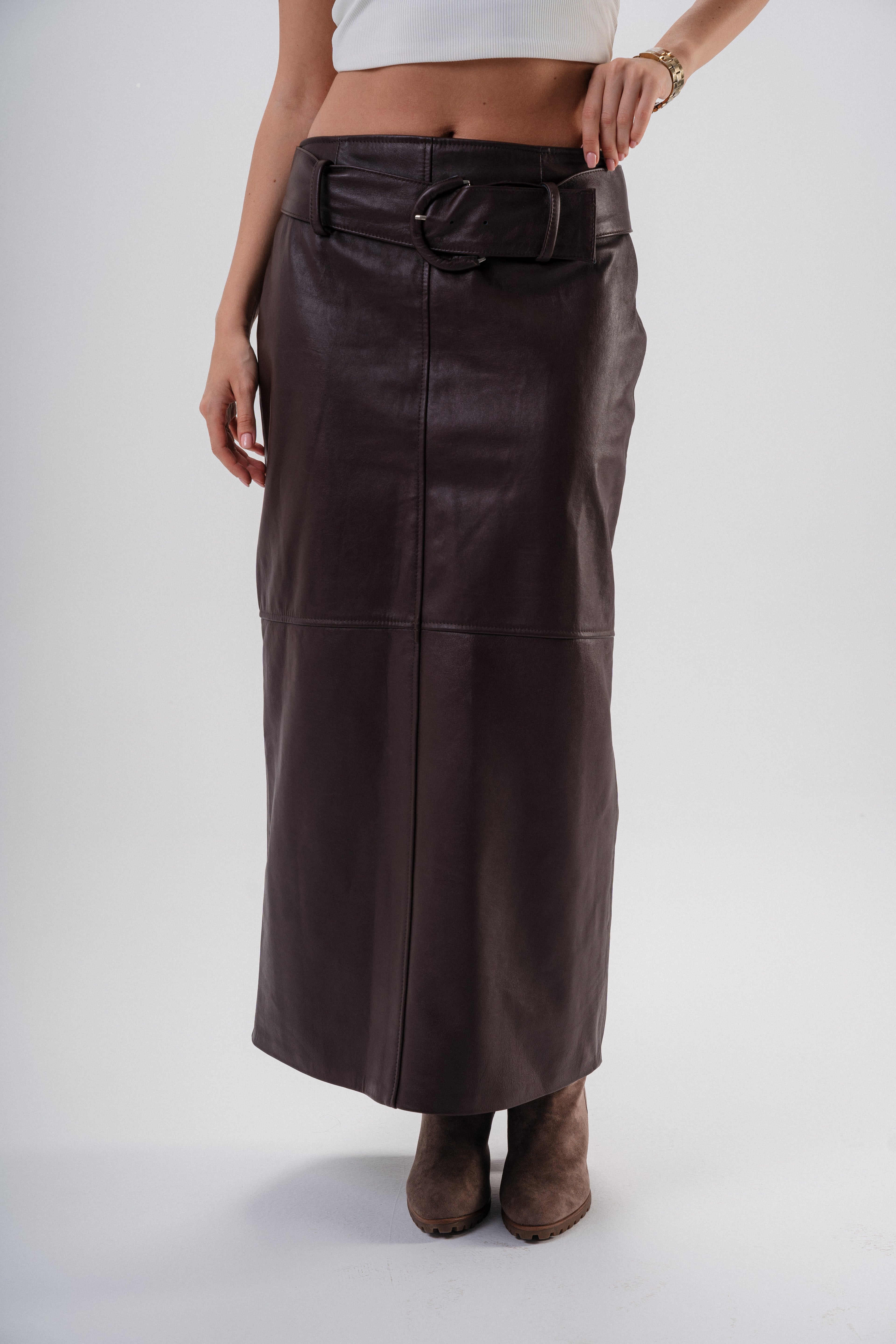 Her Origin Leather Maxi Skirt (with belt included— W26 Name