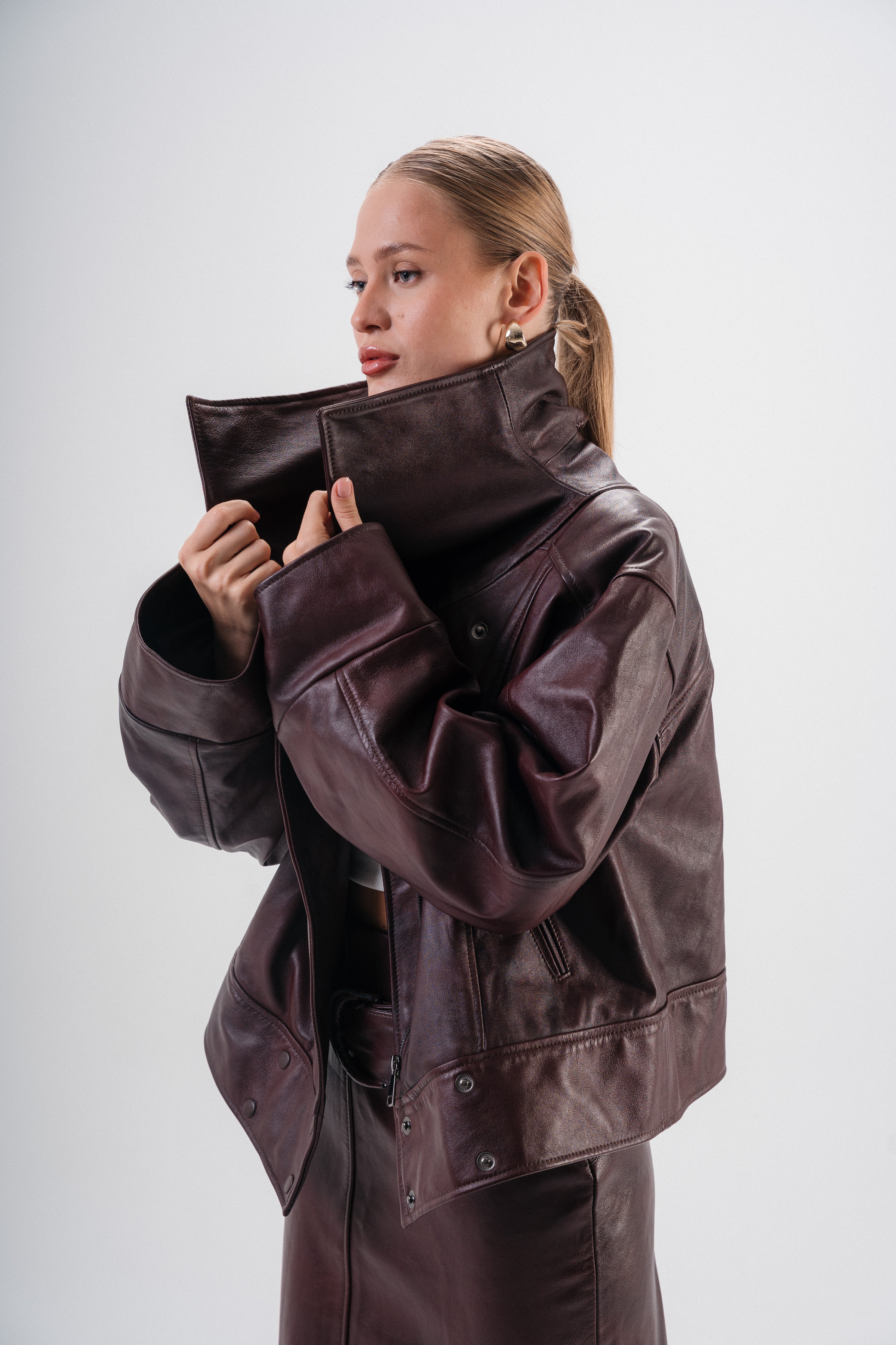 Her origin genuine Burgundy leather structured jacket-W26