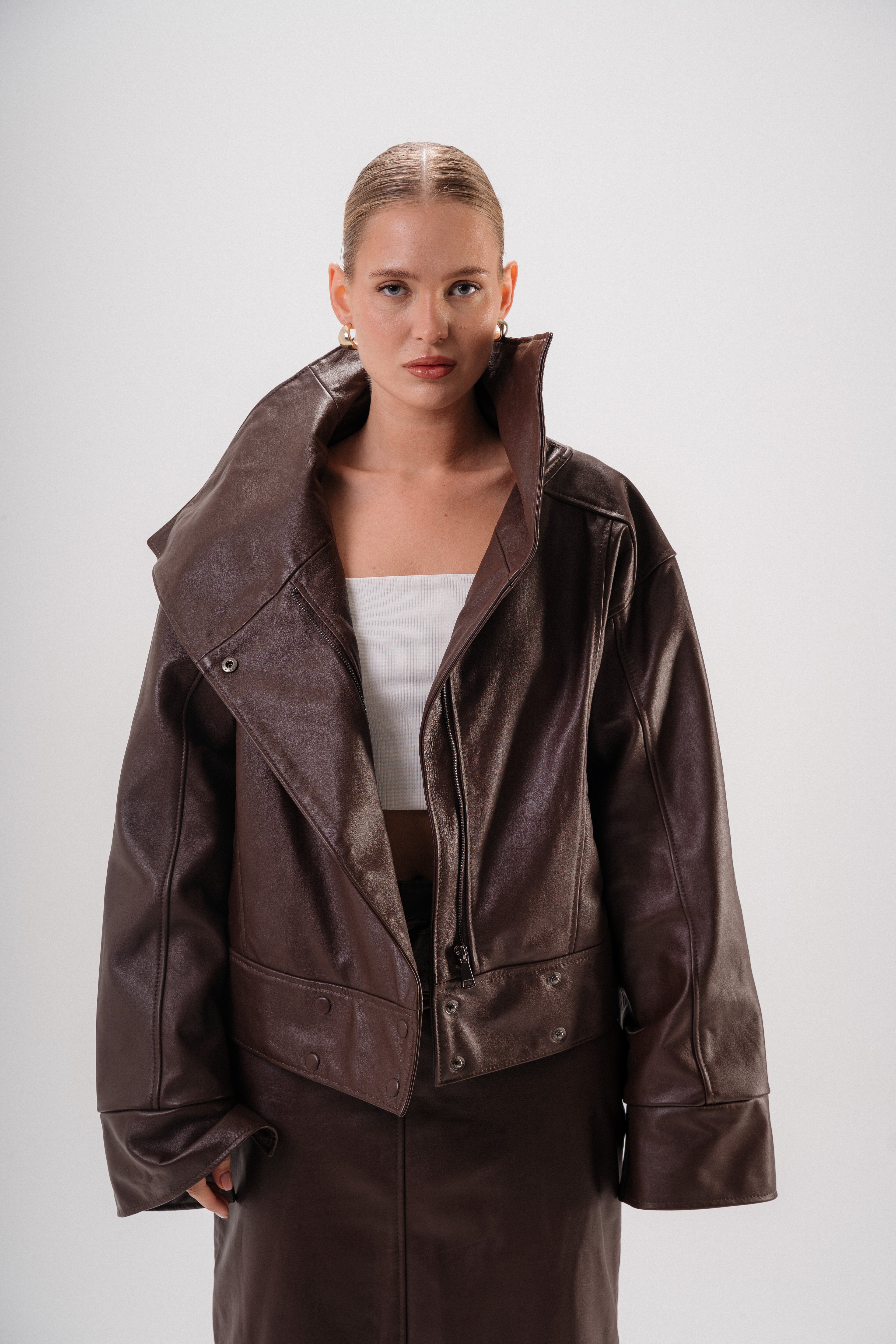 Her origin genuine brown leather structured jacket-W26