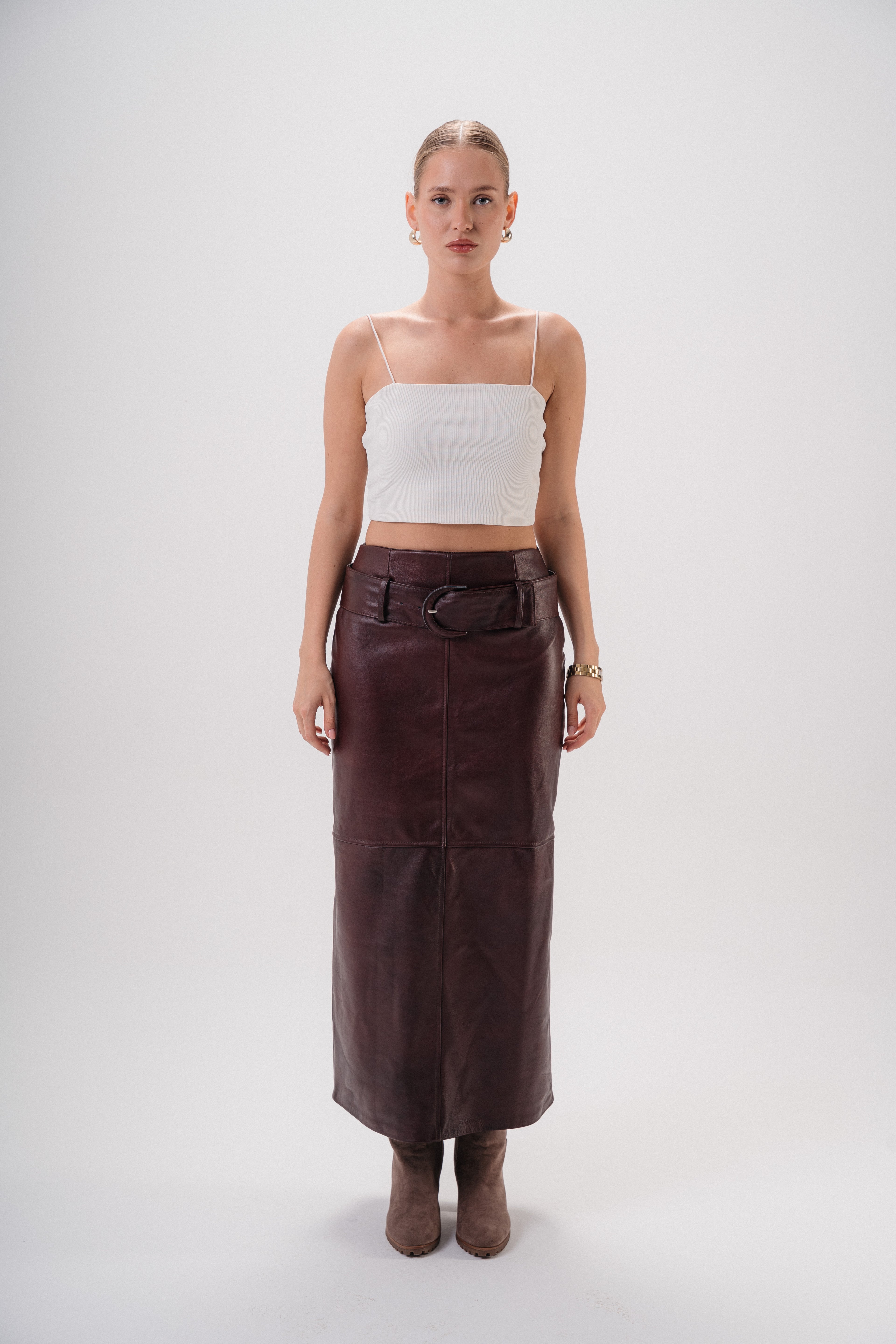 Her Origin Leather Maxi Skirt (with belt included— W26 Name