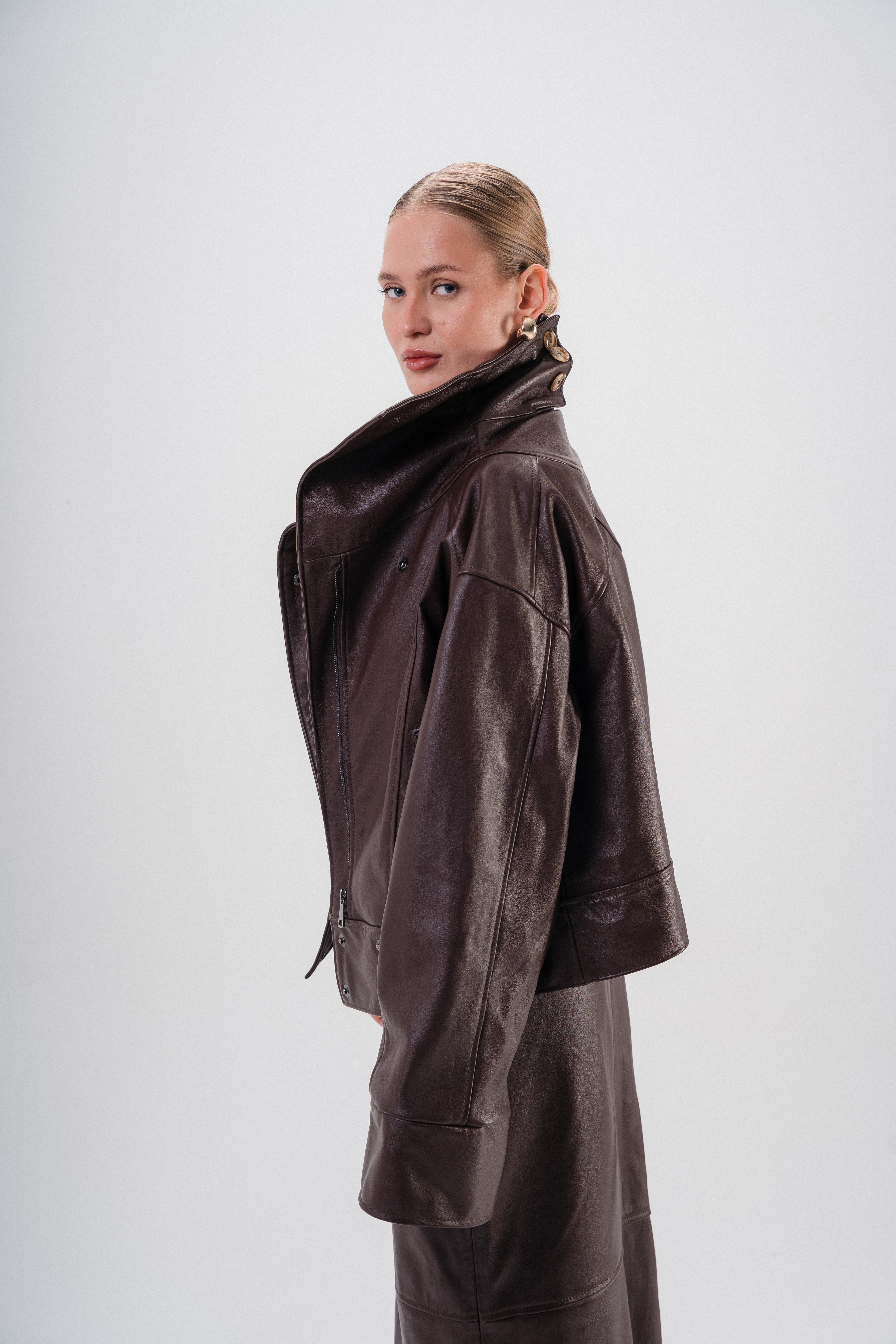 Her origin genuine brown leather structured jacket-W26